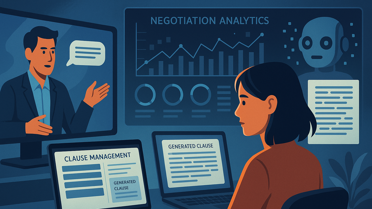 You don’t have to memorize features, but you should know the kinds of tools that will show up: contract lifecycle management platforms with AI-driven clause libraries and risk scoring, negotiation analytics dashboards that surface patterns and KPIs, virtual role-play simulators that create realistic counterpart behavior, and generative drafting assistants that produce negotiation-ready language