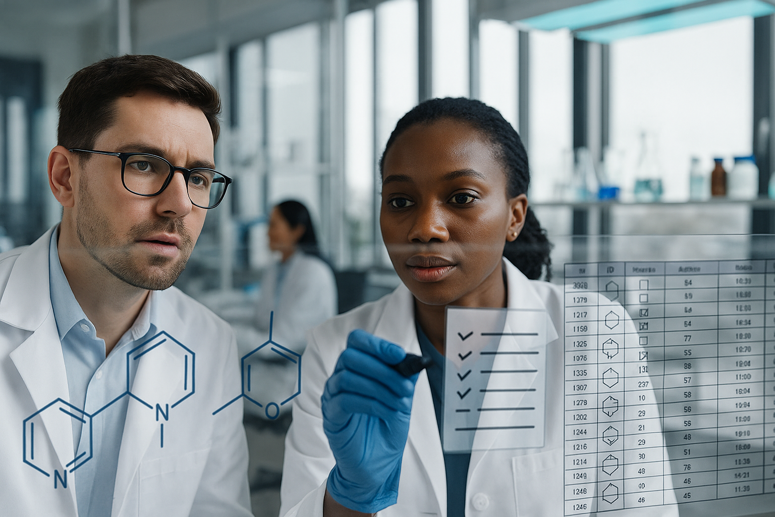 Pharmaceutical researchers working with AI-assisted drug discovery